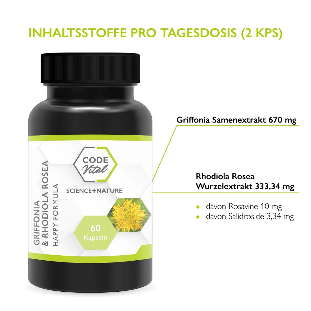 Code Vital | Griffonia & Rhodiola Rosea - Happy Formula - 100 % natürliche Glücks-Formel