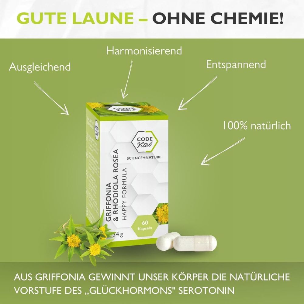 Code Vital | Griffonia & Rhodiola Rosea - Happy Formula - 100 % natürliche Glücks-Formel