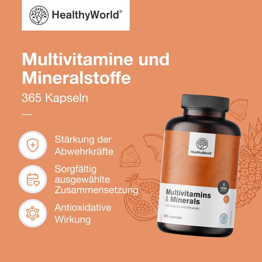 HealthyWorld | HealthyWorld Multivitamine & Mineralien – 25 Vitamine & Mineralstoffe für Energie, Immunsystem & Vitalität - 365 Kapseln
