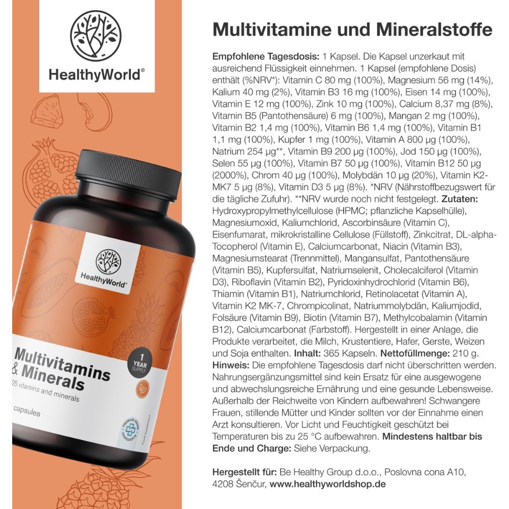 HealthyWorld | HealthyWorld Multivitamine & Mineralien – 25 Vitamine & Mineralstoffe für Energie, Immunsystem & Vitalität - 365 Kapseln