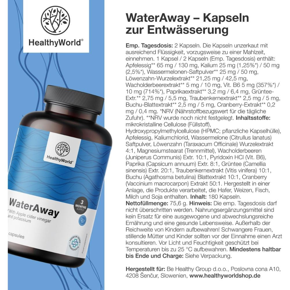 HealthyWorld | WaterAway – Kapseln zur Entwässerung - 180 Kapseln
