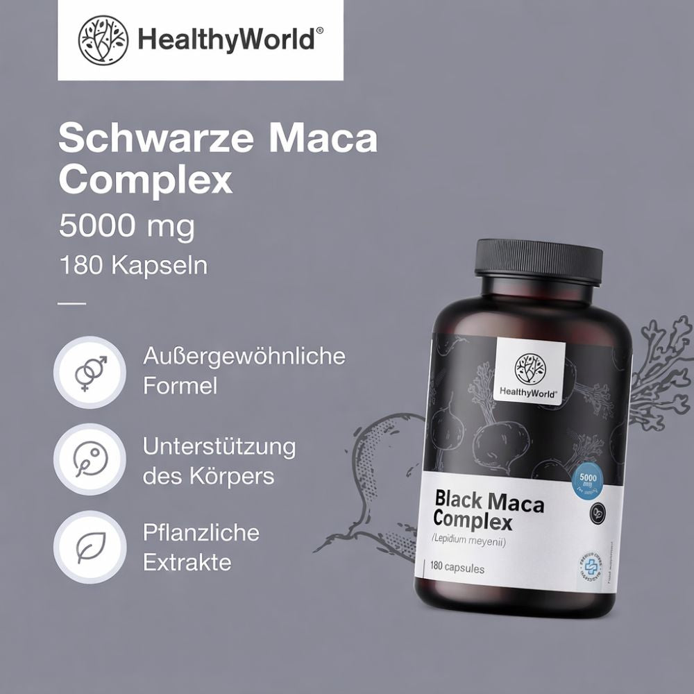 HealthyWorld | Schwarze Maca Komplex 5000 mg - 180 Kapseln