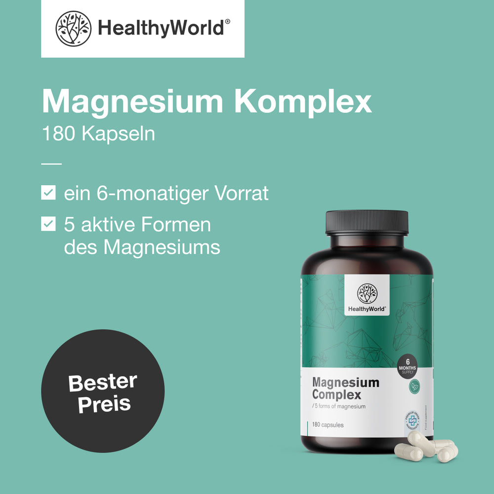 HealthyWorld | Magnesium Komplex – 5 Magnesiumformen für Muskeln, Energie & Nerven - 180 Kapseln