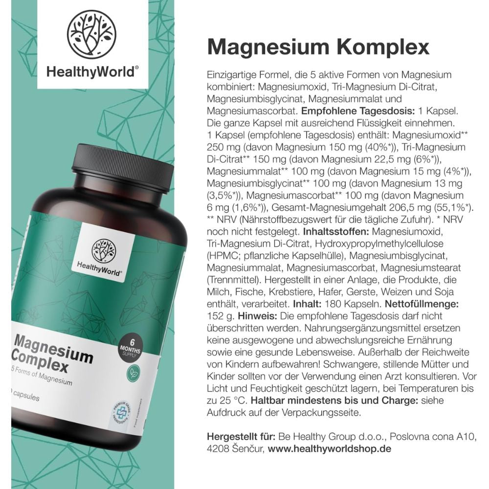 HealthyWorld | Magnesium Komplex – 5 Magnesiumformen für Muskeln, Energie & Nerven - 180 Kapseln