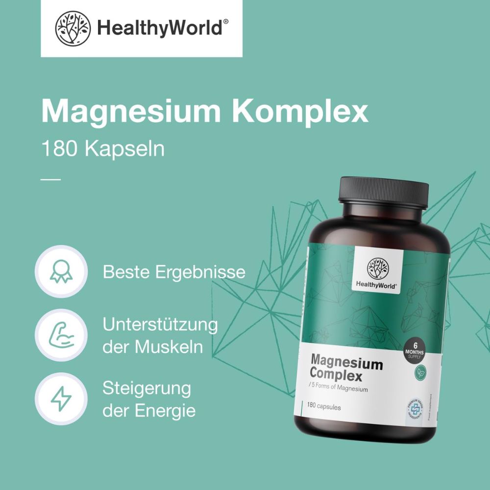 HealthyWorld | Magnesium Komplex – 5 Magnesiumformen für Muskeln, Energie & Nerven - 180 Kapseln