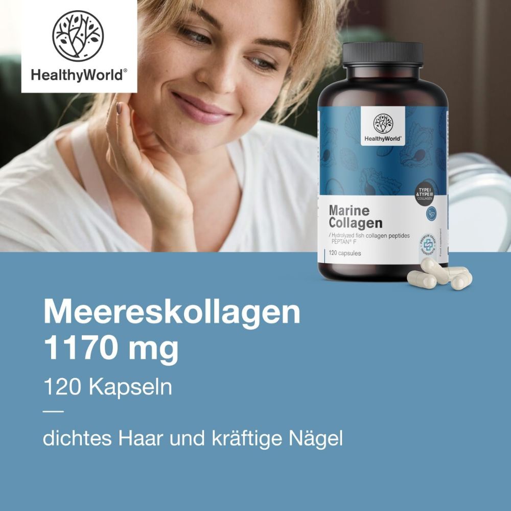 HealthyWorld | Meereskollagen 1170 mg für Haare, Haut und Nägel - 120 Kapseln