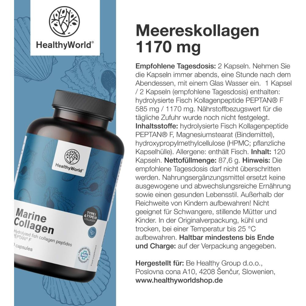 HealthyWorld | Meereskollagen 1170 mg für Haare, Haut und Nägel - 120 Kapseln