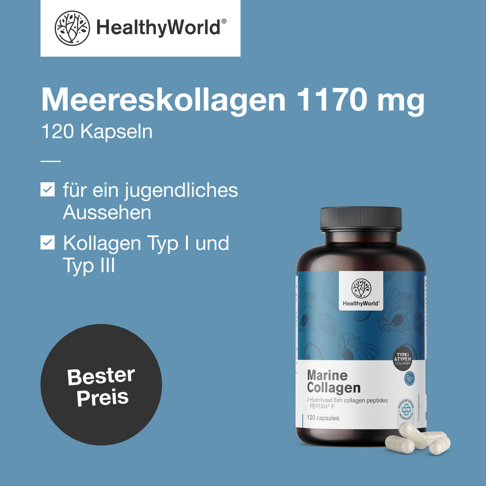 HealthyWorld | Meereskollagen 1170 mg für Haare, Haut und Nägel - 120 Kapseln