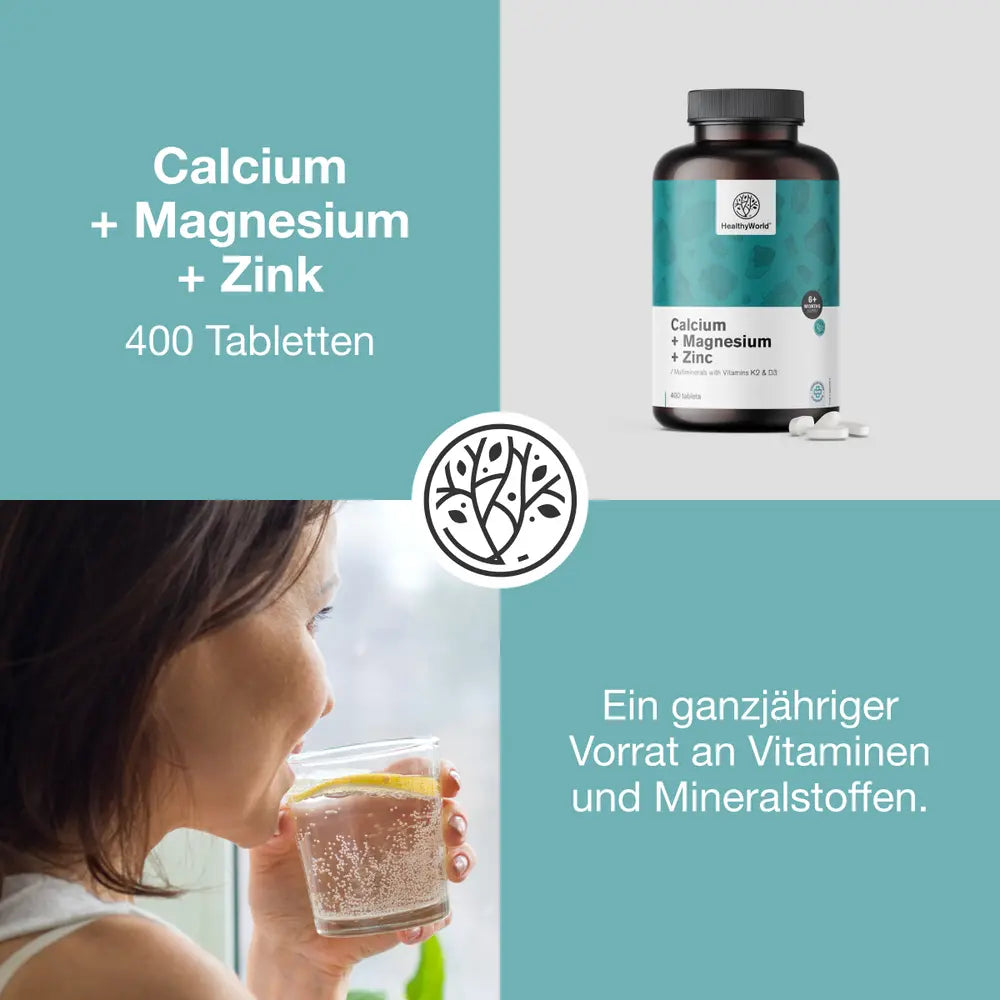 HealthyWorld | Calcium + Magnesium + Zink – 9 Vitalstoffe mit Vitamin D3 & K2 - 400 Tabletten