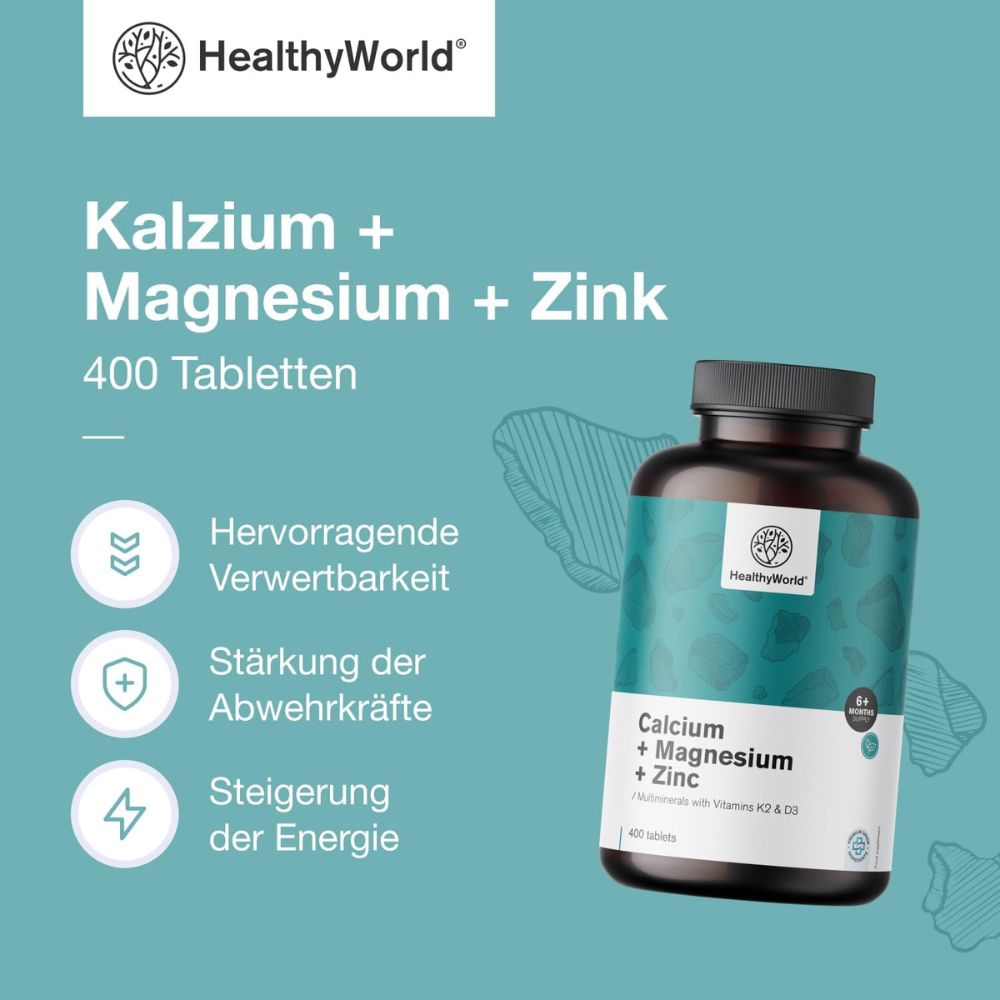 HealthyWorld | Calcium + Magnesium + Zink – 9 Vitalstoffe mit Vitamin D3 & K2 - 400 Tabletten