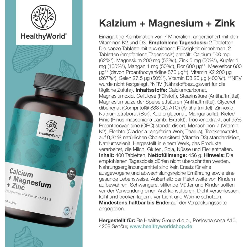 HealthyWorld | Calcium + Magnesium + Zink – 9 Vitalstoffe mit Vitamin D3 & K2 - 400 Tabletten