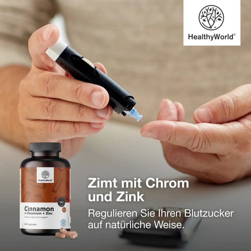 HealthyWorld | Zimt mit Chrom und Zink zur Regulierung des Blutzuckerspiegels - 240 Kapseln