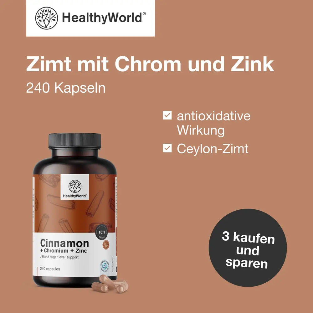 HealthyWorld | Zimt mit Chrom und Zink zur Regulierung des Blutzuckerspiegels - 240 Kapseln