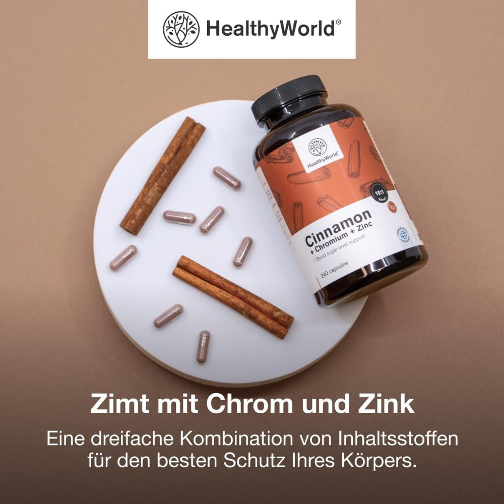 HealthyWorld | Zimt mit Chrom und Zink zur Regulierung des Blutzuckerspiegels - 240 Kapseln