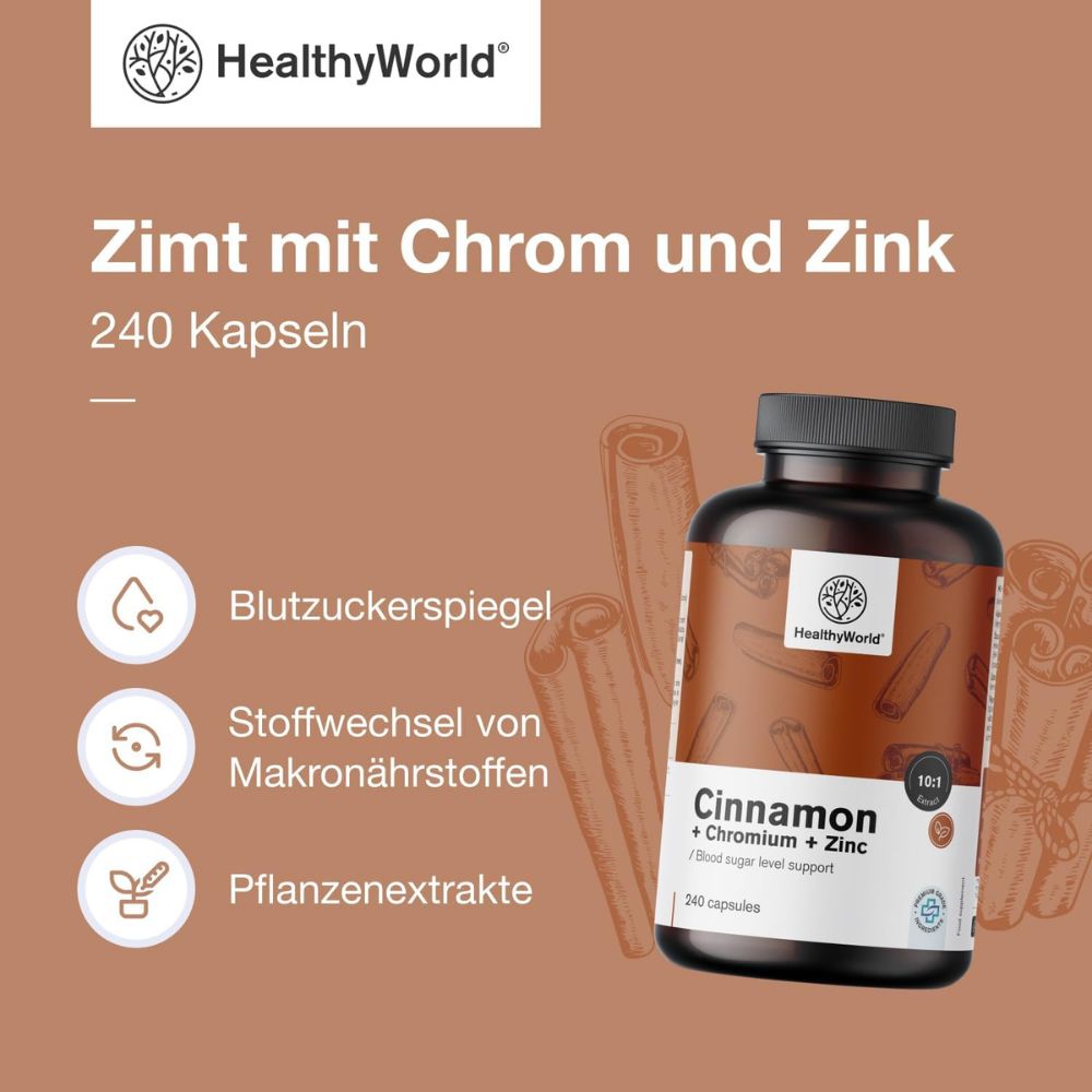 HealthyWorld | Zimt mit Chrom und Zink zur Regulierung des Blutzuckerspiegels - 240 Kapseln
