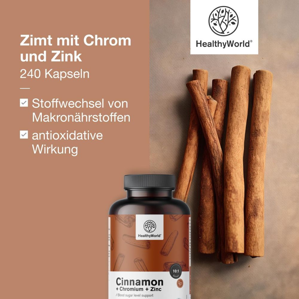 HealthyWorld | Zimt mit Chrom und Zink zur Regulierung des Blutzuckerspiegels - 240 Kapseln