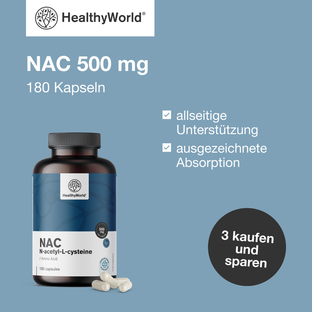 HealthyWorld | NAC 500 mg – Hochdosiertes N-Acetyl-Cystein - 180 Kapseln