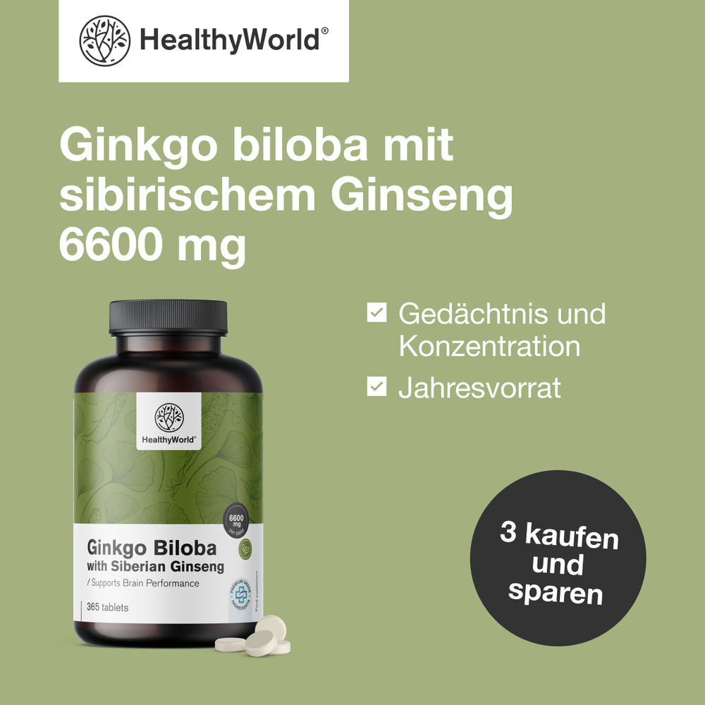 HealthyWorld | Ginkgo mit Sibirischem Ginseng 6600 mg - 365 Tabletten