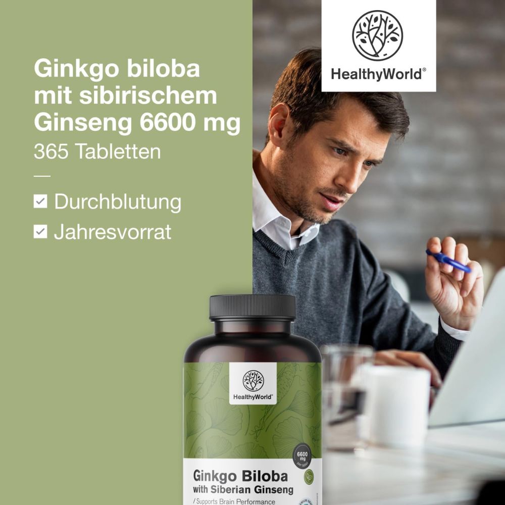 HealthyWorld | Ginkgo mit Sibirischem Ginseng 6600 mg - 365 Tabletten