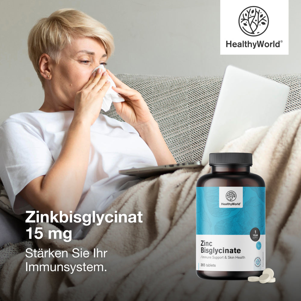 HealthyWorld | Zinkbisglycinat 15 mg für Haut, Haare, Nägel & Immunsystem - 365 Tabletten