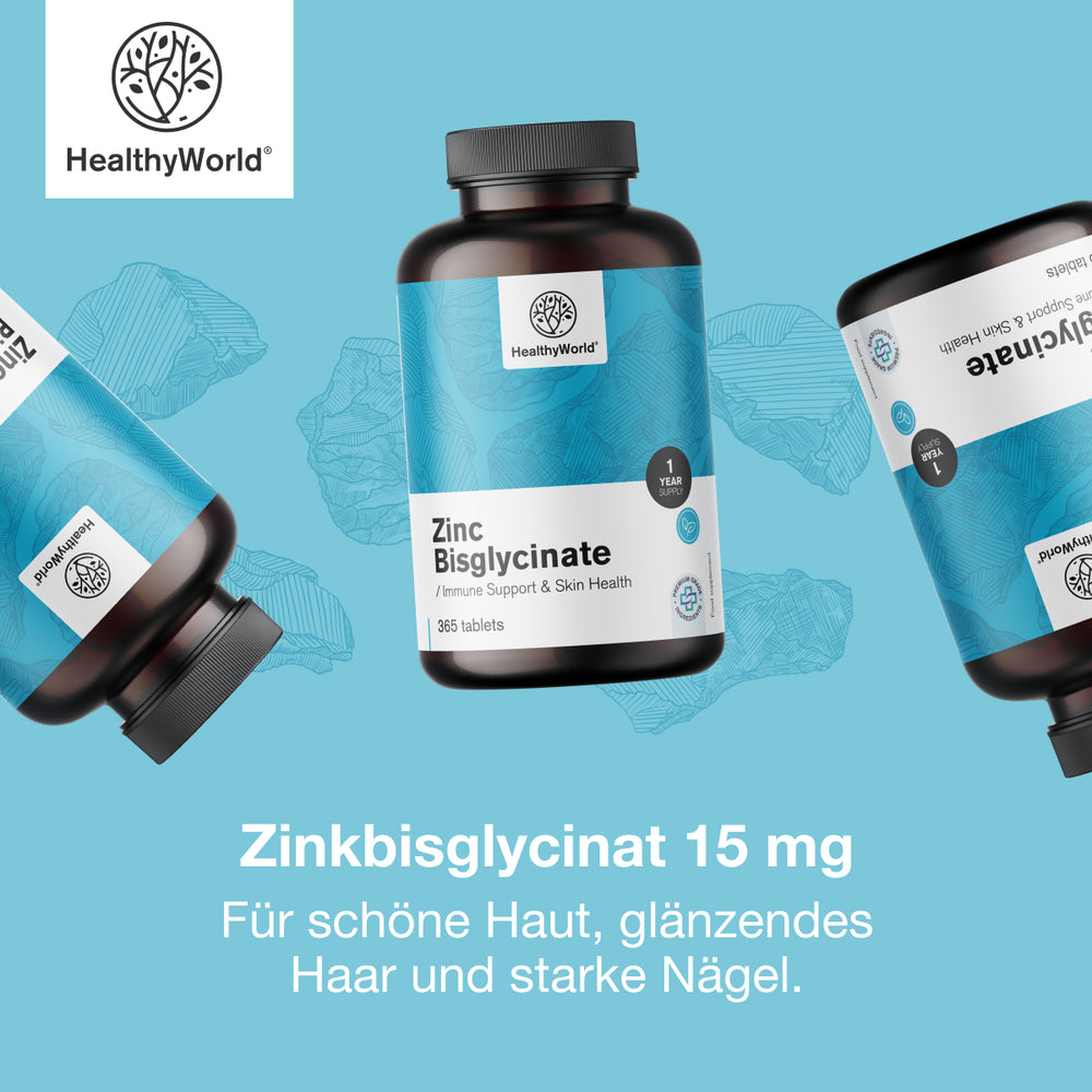 HealthyWorld | Zinkbisglycinat 15 mg für Haut, Haare, Nägel & Immunsystem - 365 Tabletten