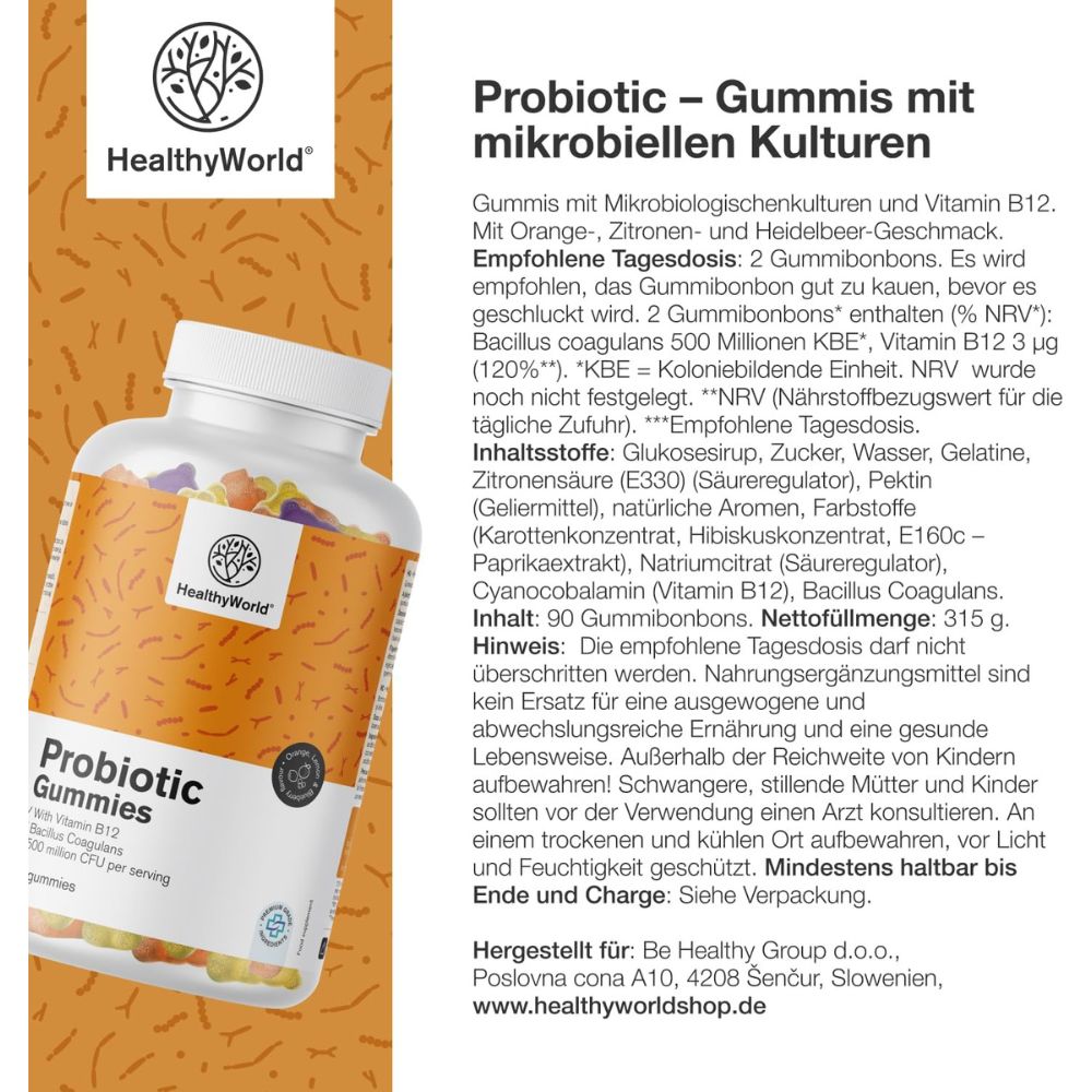 HealthyWorld | Probiotic – Gummis mit mikrobiellen Kulturen - 90 Gummibonbons