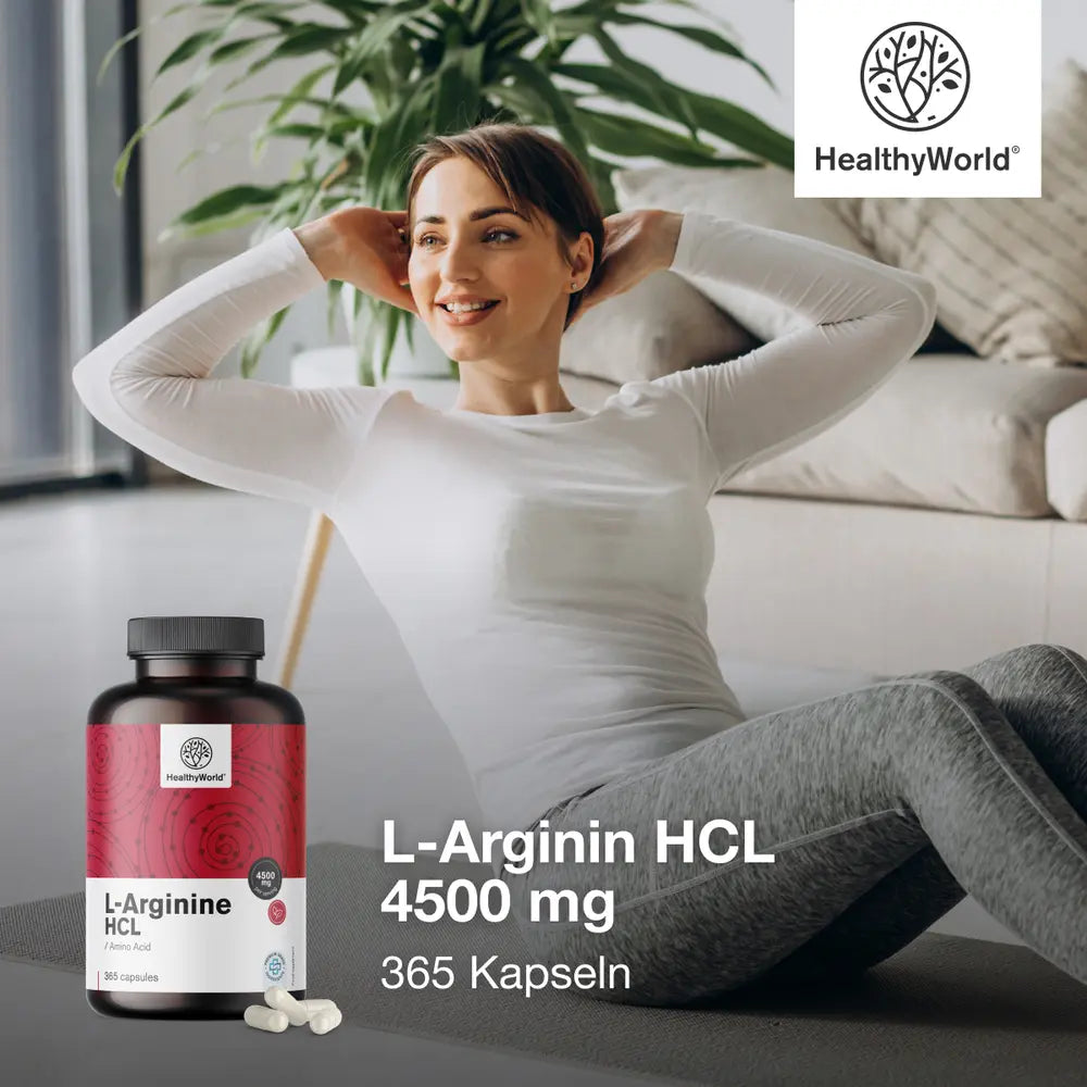 HealthyWorld | L-Arginin HCL 4500 mg für Aktive, Männer und Senioren - 365 Kapseln