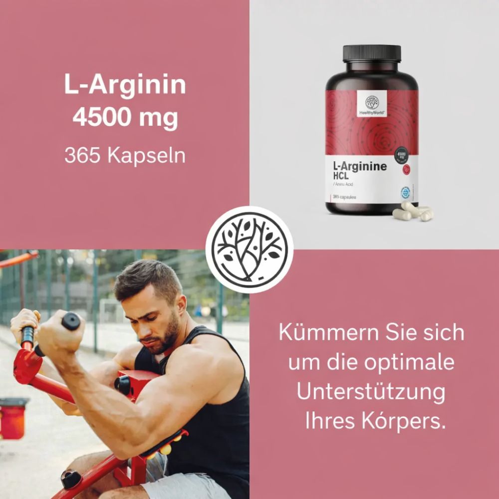 HealthyWorld | L-Arginin HCL 4500 mg für Aktive, Männer und Senioren - 365 Kapseln