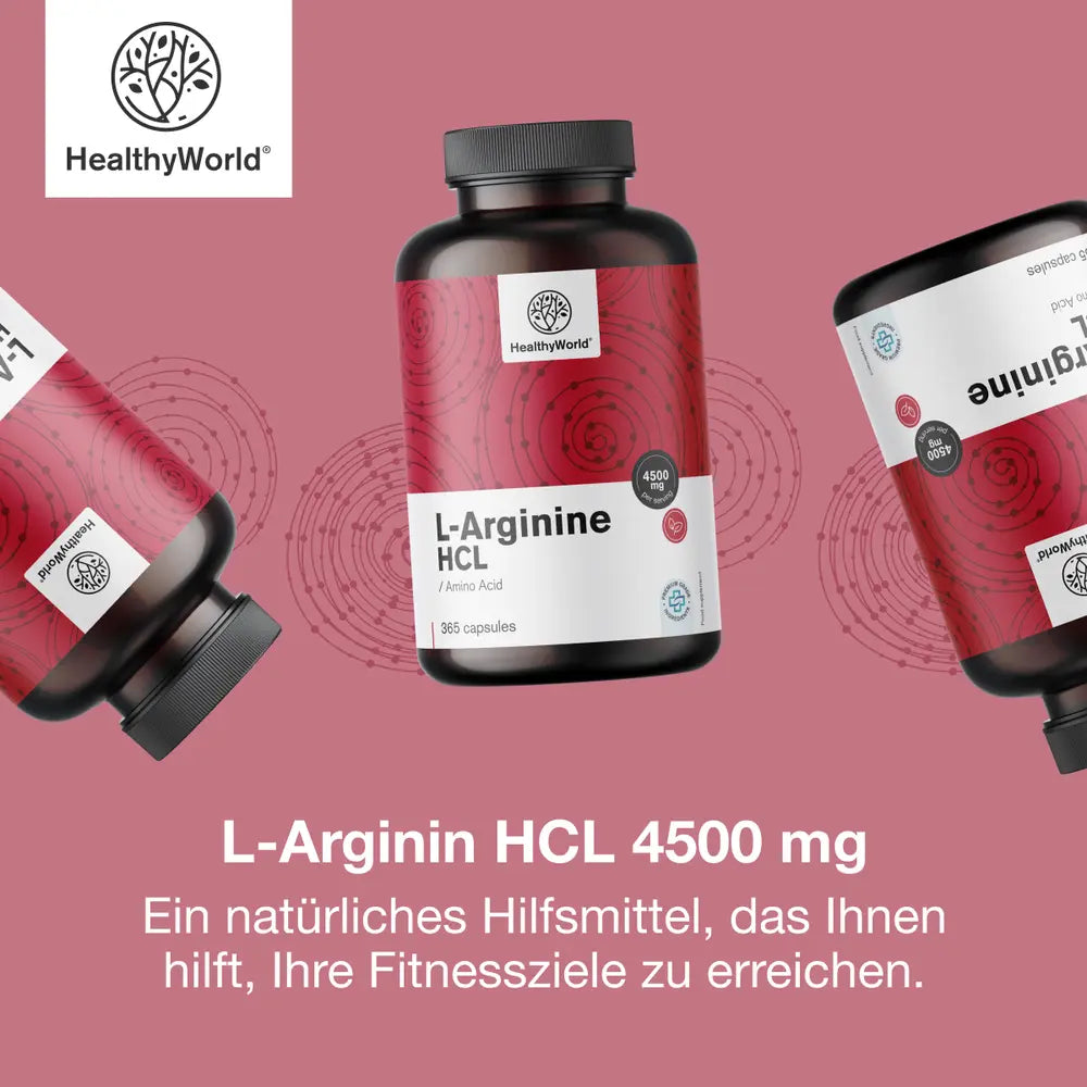 HealthyWorld | L-Arginin HCL 4500 mg für Aktive, Männer und Senioren - 365 Kapseln