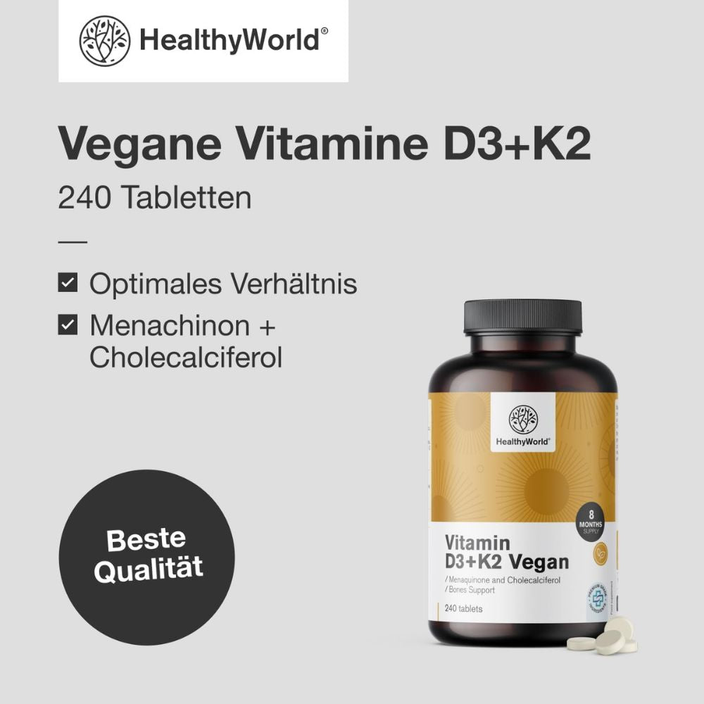 HealthyWorld | Vegane Vitamine D3+K2 - 240 Tabletten