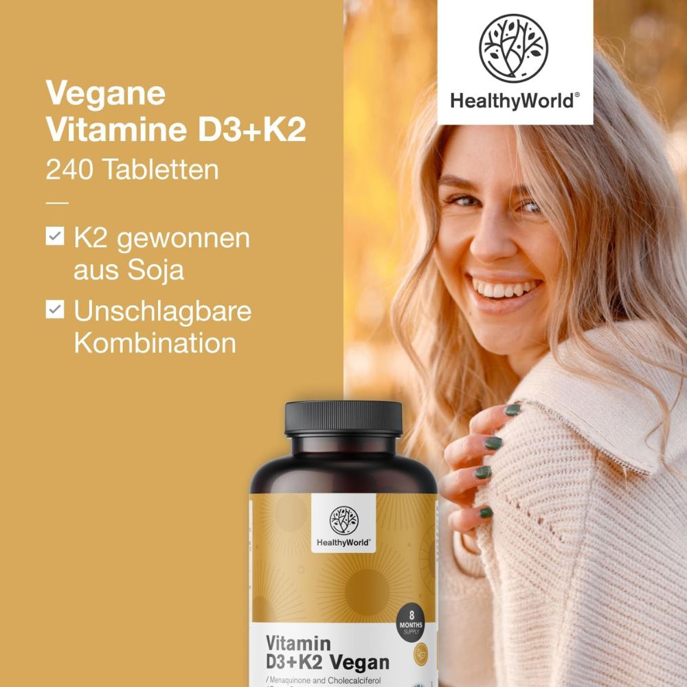 HealthyWorld | Vegane Vitamine D3+K2 - 240 Tabletten