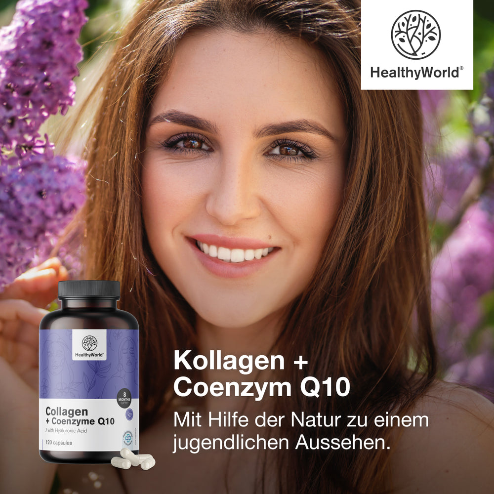 HealthyWorld | Kollagen + Coenzym Q10 für gesundes Haar, Nägel und Haut - 120 Kapseln