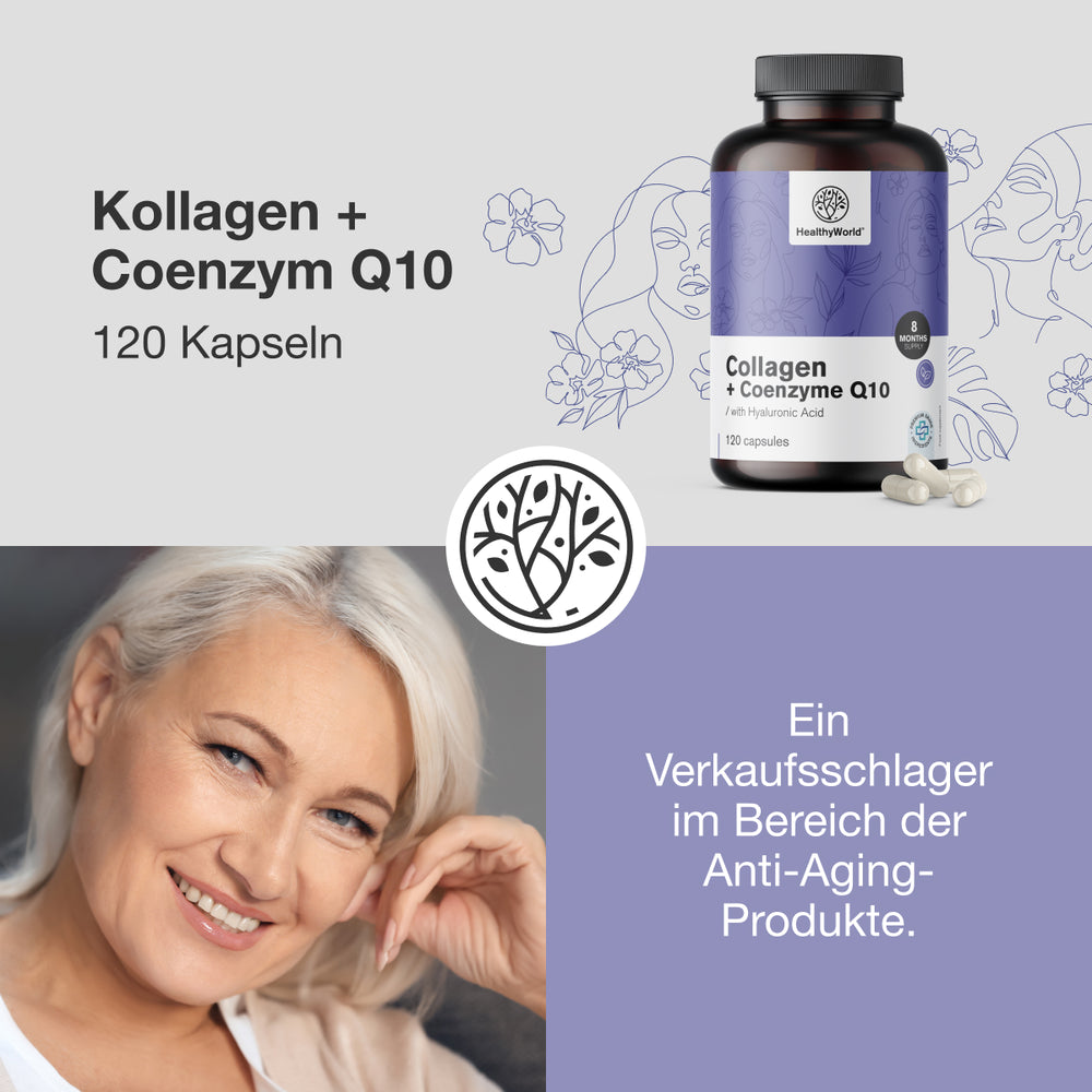HealthyWorld | Kollagen + Coenzym Q10 für gesundes Haar, Nägel und Haut - 120 Kapseln