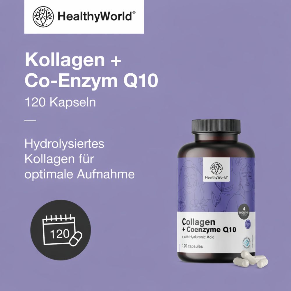 HealthyWorld | Kollagen + Coenzym Q10 für gesundes Haar, Nägel und Haut - 120 Kapseln