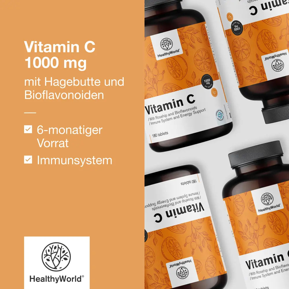 HealthyWorld | Vitamin C 1000 mg mit Hagebutte und Bioflavonoiden - 180 Tabletten