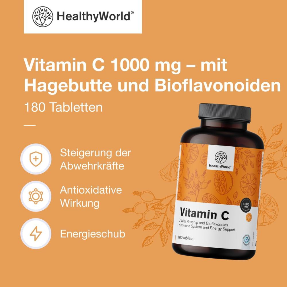 HealthyWorld | Vitamin C 1000 mg mit Hagebutte und Bioflavonoiden - 180 Tabletten