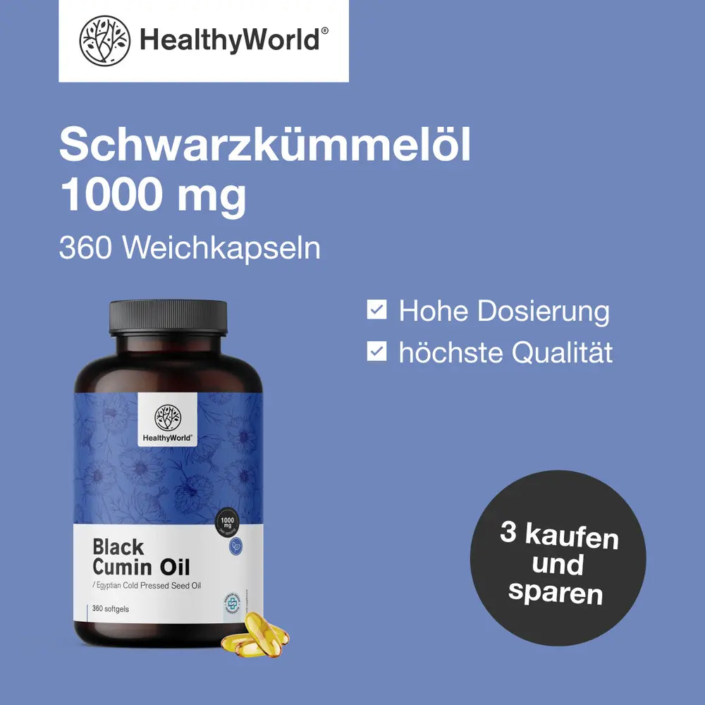 HealthyWorld | Schwarzkümmelöl 1000 mg - 360 Weichkapseln