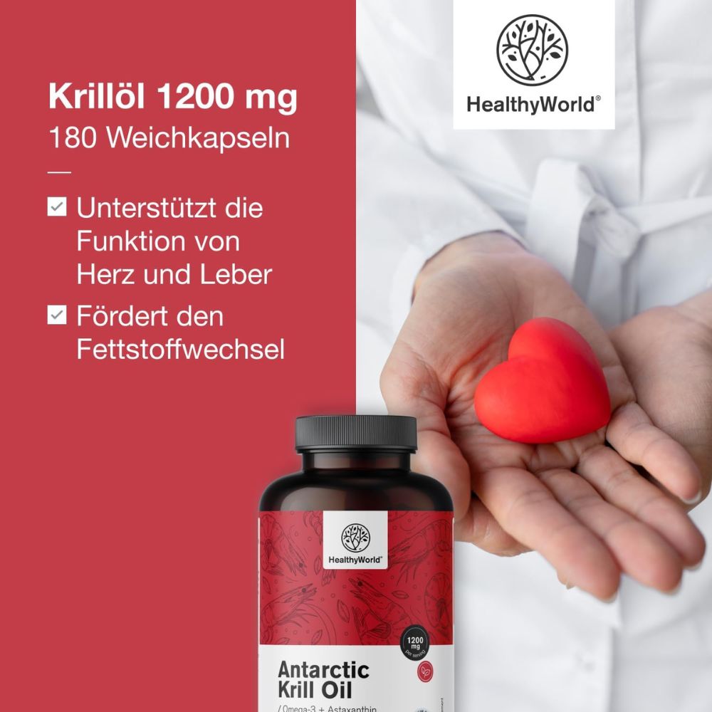 HealthyWorld | Krilöl 1200 mg für Herz, Blutgefäße und Leber - 180 Weichkapseln