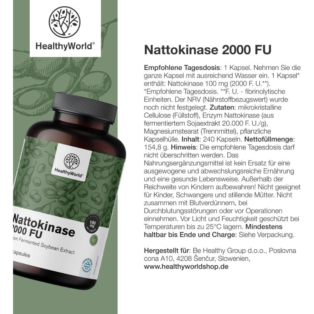 HealthyWorld | Nattokinase 2000 FU für das Blut- und das Herz-Kreislauf-System - 240 Kapseln
