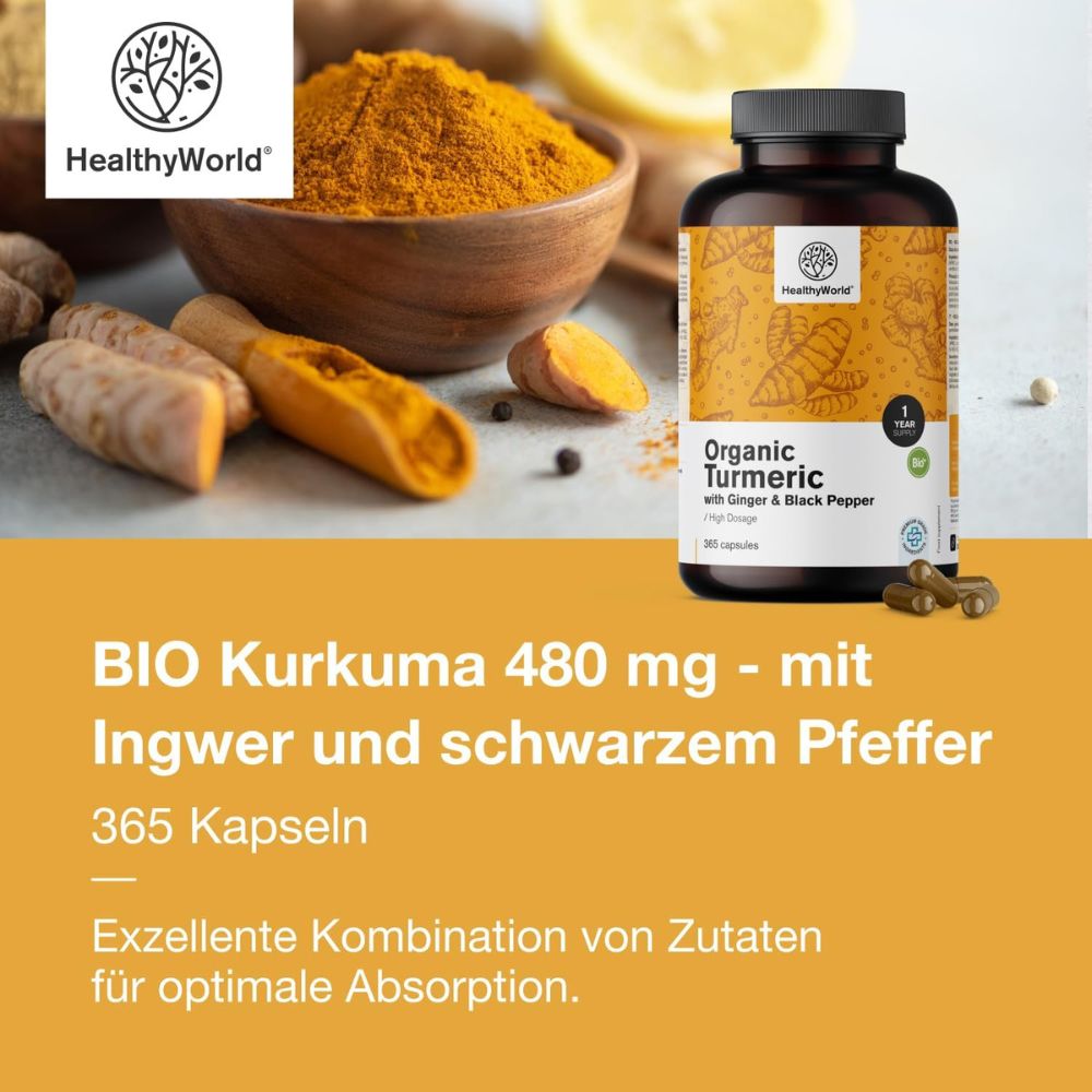 HealthyWorld | BIO Kurkuma 480 mg mit Ingwer und schwarzem Pfeffer - 365 Kapseln