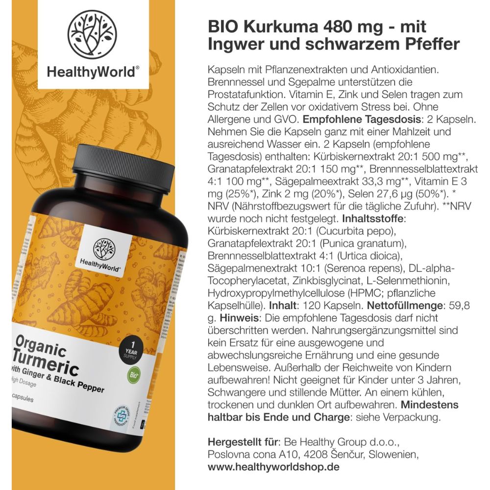 HealthyWorld | BIO Kurkuma 480 mg mit Ingwer und schwarzem Pfeffer - 365 Kapseln