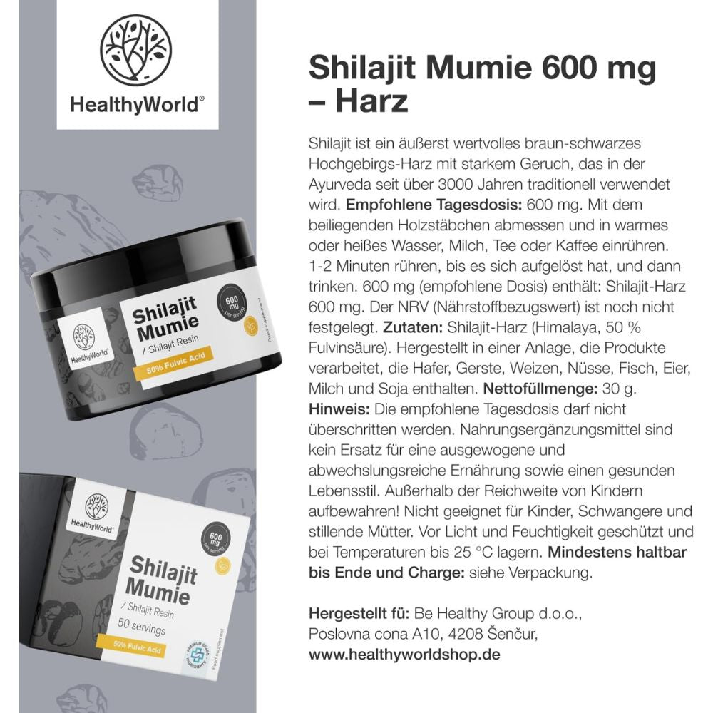 HealthyWorld | Shilajit Mumie 600 mg – Harz zum Ausgleich von Körper und Geist - 30 g