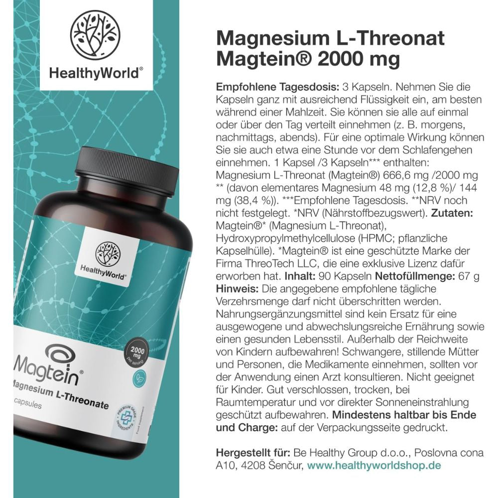 HealthyWorld | Magnesium Magtein® L-Threonat  2000 mg - 90 Kapseln