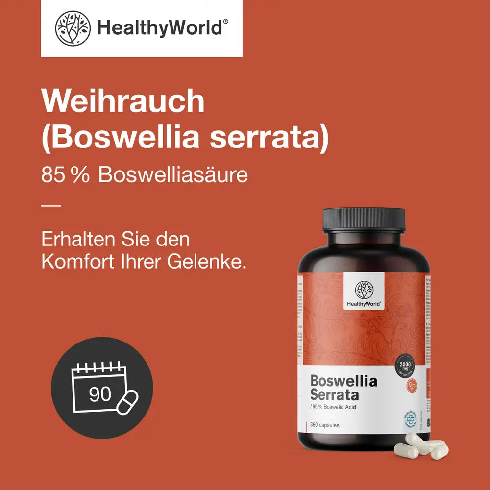 HealthyWorld | Weihrauch (Boswellia serrata) – 85 % Boswelliasäure – 360 Kapseln