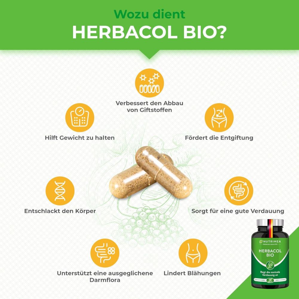Nutrimea | Herbacol Bio – Darmkur mit Flohsamenschalen, Fenchel, Aloe Vera, Kümmel & Inulin – 90 Kapseln