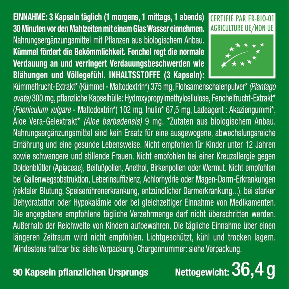 Nutrimea | Herbacol Bio – Darmkur mit Flohsamenschalen, Fenchel, Aloe Vera, Kümmel & Inulin – 90 Kapseln
