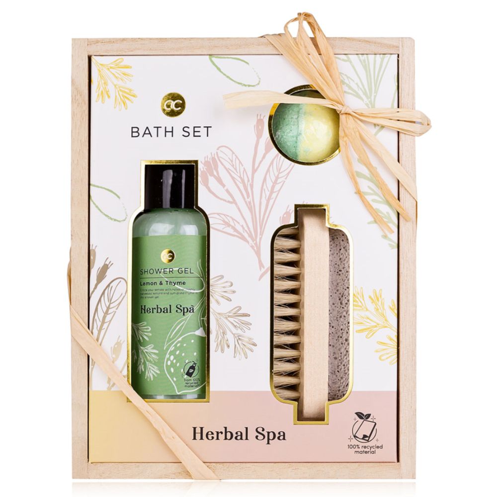 Accentra | Badeset Herbal Spa in Holzbox mit Duschgel, Badefizzer & Nagelbürste
