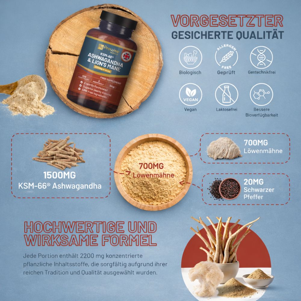 Prowise Healthcare | KSM-66 Ashwagandha- und Löwenmähne-Pilzextrakt - 120 vegane Tabletten