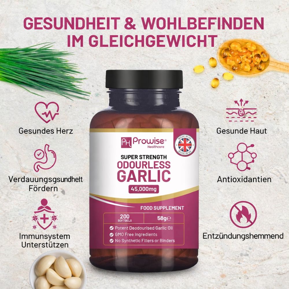 Prowise Healthcare | Hochwertige geruchlose Knoblauchkapseln 45.000 mg - 200 Weichkapseln