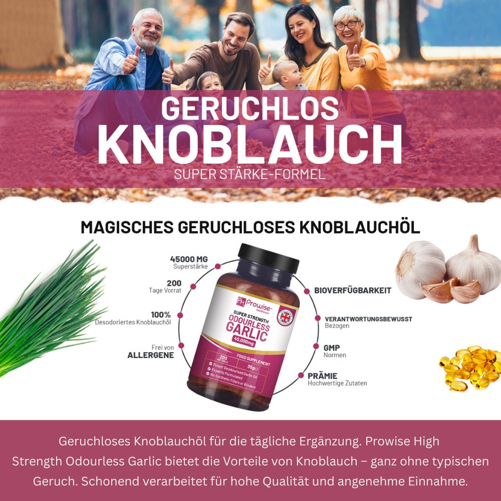 Prowise Healthcare | Hochwertige geruchlose Knoblauchkapseln 45.000 mg - 200 Weichkapseln